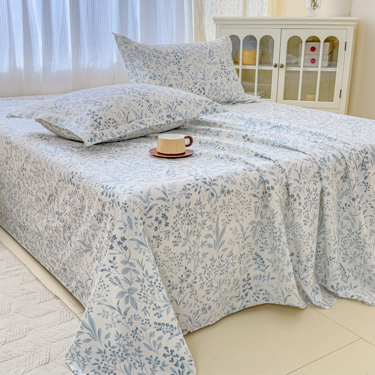 91家纺网 家纺一手货源 找家纺 安逸家纺 2026新款全棉纯棉印花12868系列-床单单件单床单 蓝沫