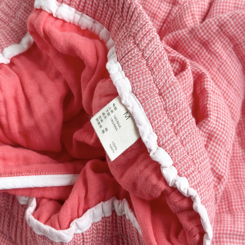 91家纺网 家纺一手货源 找家纺 仰望棉麻双层纱供应链 2026新款糖果四层纱睡衣全棉色织精梳赛罗精密纺 女款-西瓜红