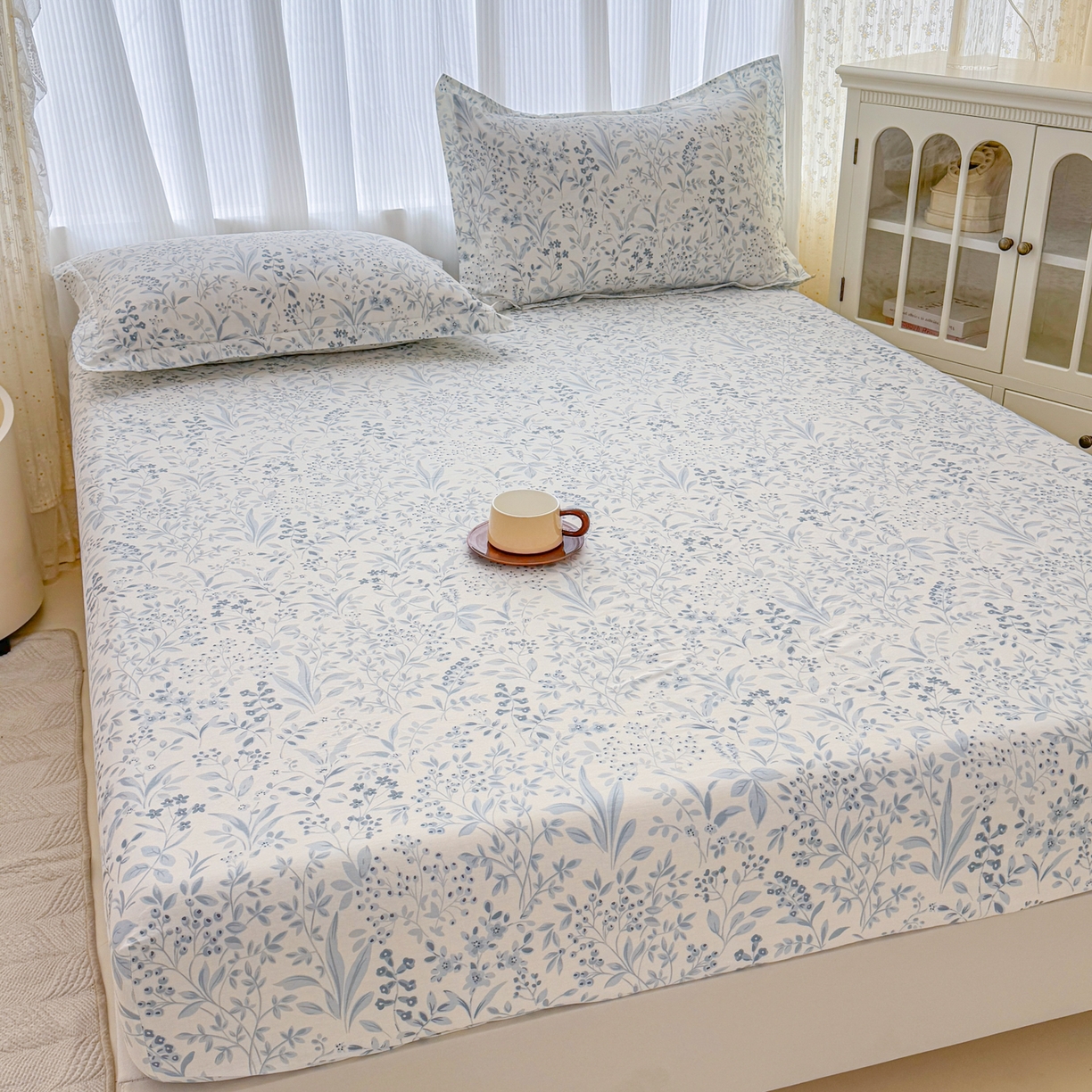 91家纺网 家纺一手货源 找家纺 安逸家纺 2026新款全棉纯棉印花12868系列-床笠单件单床笠 蓝沫