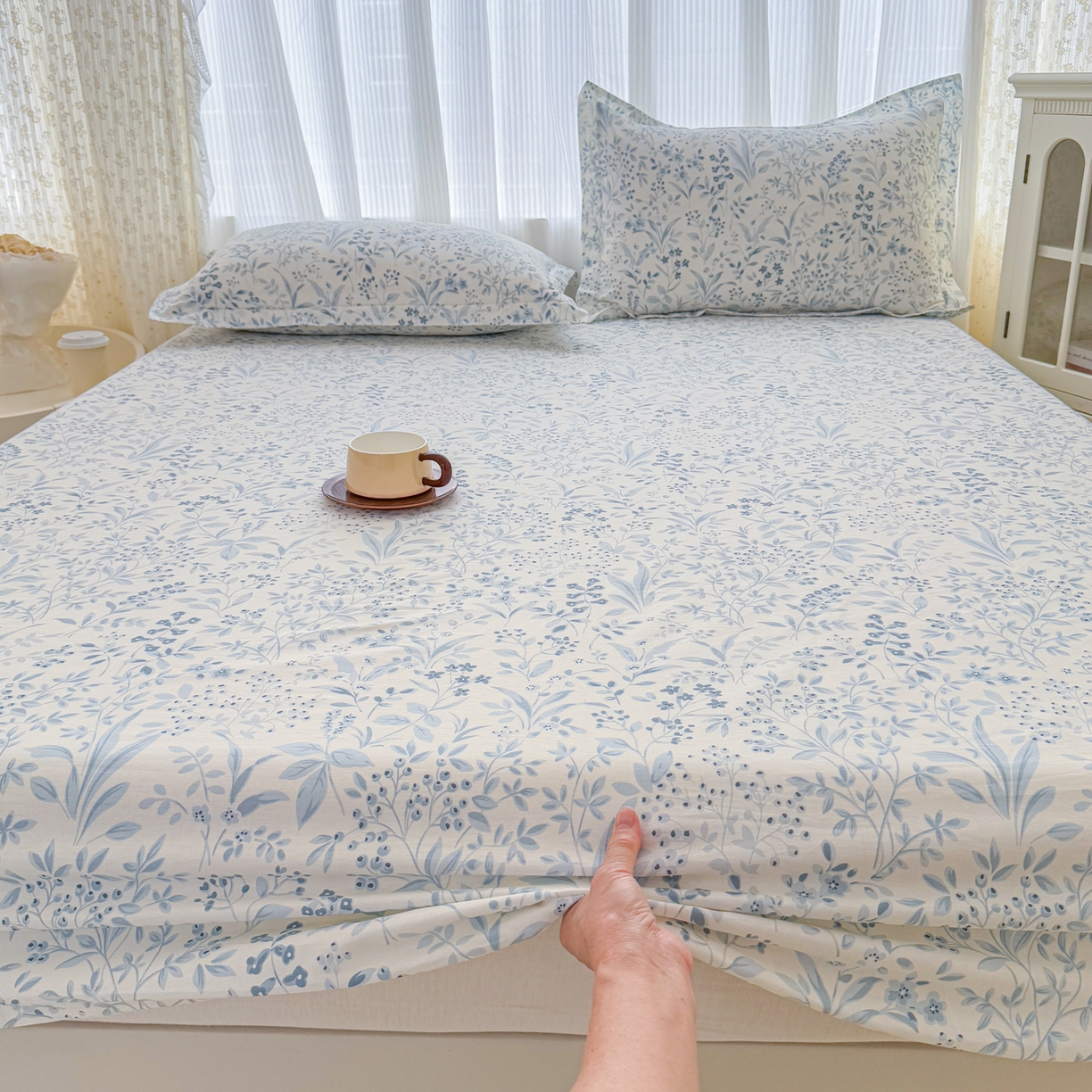 91家纺网 家纺一手货源 找家纺 安逸家纺 2026新款全棉纯棉印花12868系列-床笠单件单床笠 蓝沫