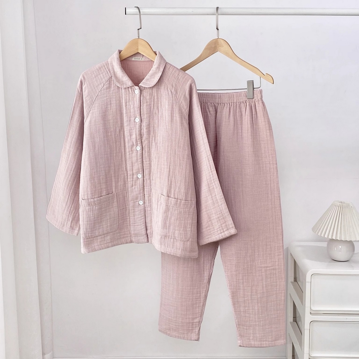 仰望棉麻双层纱供应链 2026新款糖果四层纱睡衣全棉色织精梳赛罗精密纺 浅粉