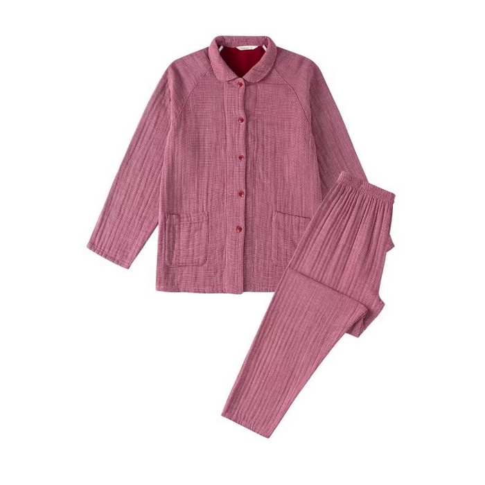 仰望棉麻双层纱供应链 2026新款糖果四层纱睡衣全棉色织精梳赛罗精密纺 豆沙粉