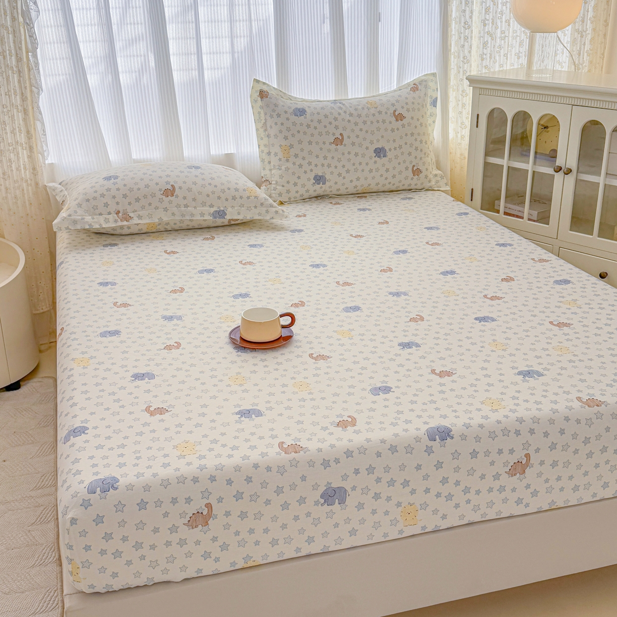 91家纺网 家纺一手货源 找家纺 安逸家纺 2026新款全棉纯棉印花12868系列-床笠单件单床笠 蓝星动物园