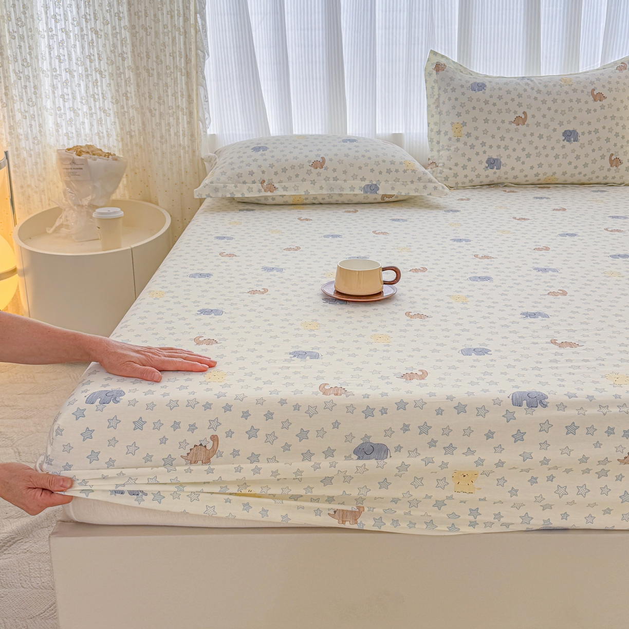 91家纺网 家纺一手货源 找家纺 安逸家纺 2026新款全棉纯棉印花12868系列-床笠单件单床笠 蓝星动物园