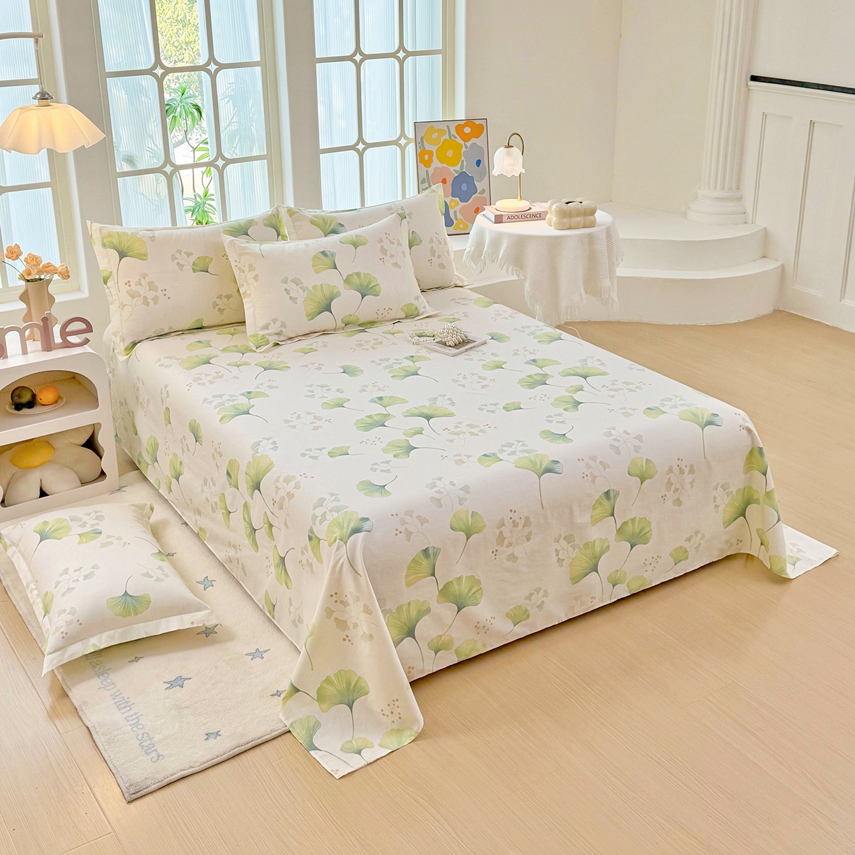 91家纺网 家纺一手货源 找家纺 安逸家纺 2026新款全棉纯棉印花12868系列-床单单件单床单 青绿银杏