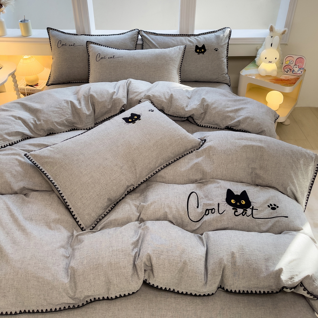 91家纺网 家纺一手货源 找家纺 （总）炫拼家纺 2026新款A类棉麻刺绣卡通贝壳边四件套-布鲁系列