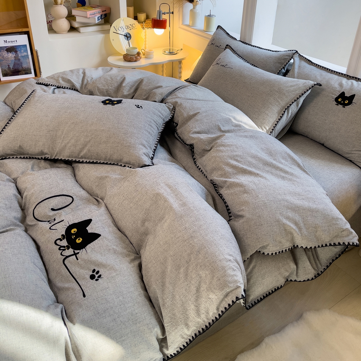 91家纺网 家纺一手货源 找家纺 （总）炫拼家纺 2026新款A类棉麻刺绣卡通贝壳边四件套-布鲁系列