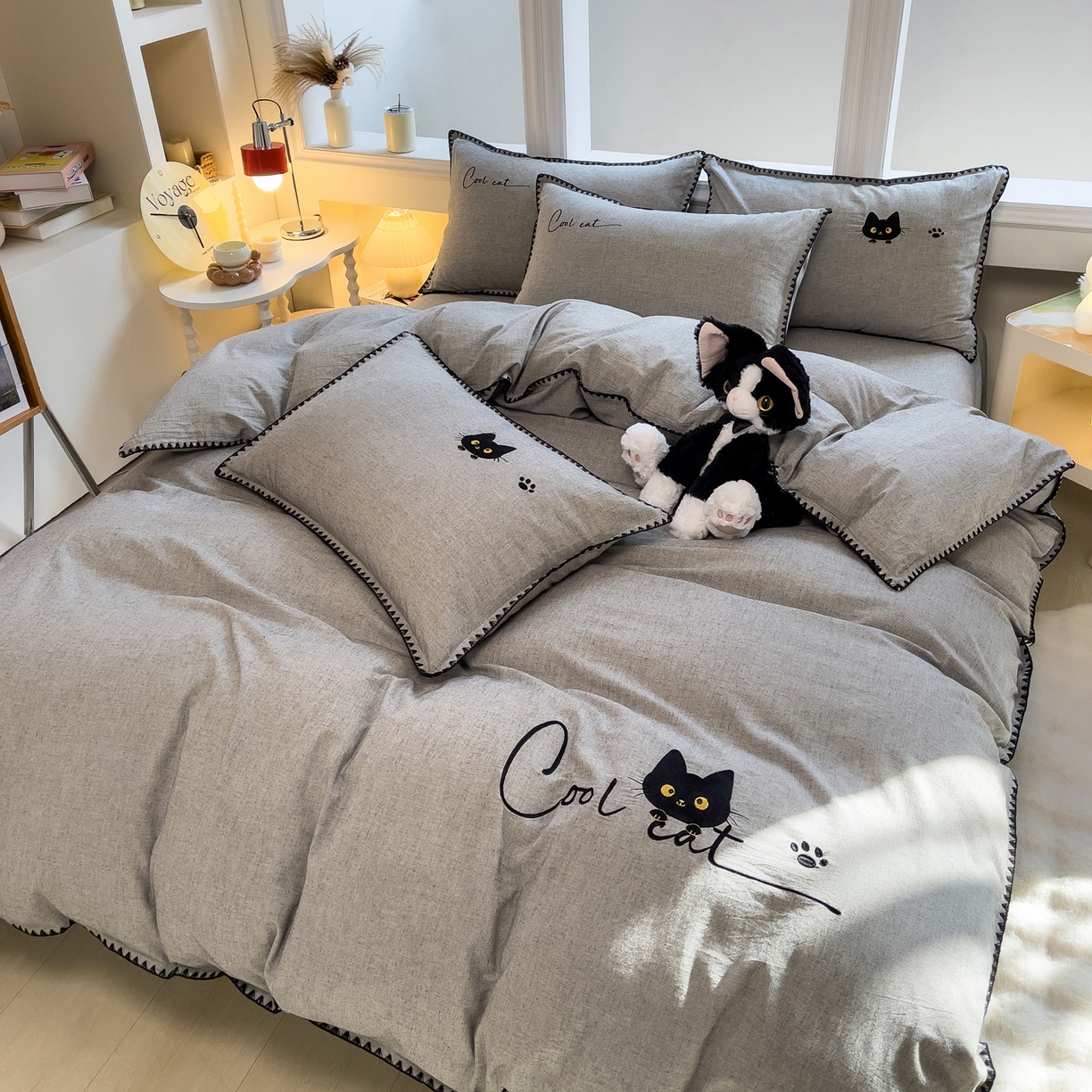 91家纺网 家纺一手货源 找家纺 （总）炫拼家纺 2026新款A类棉麻刺绣卡通贝壳边四件套-布鲁系列