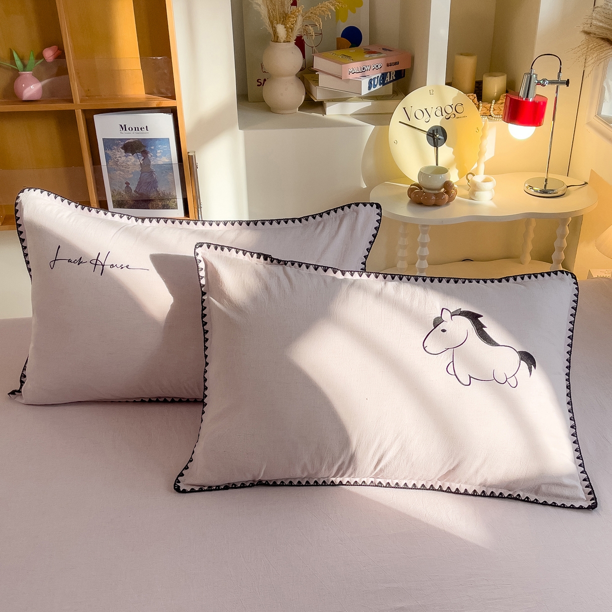 91家纺网 家纺一手货源 找家纺 炫拼家纺 2026新款A类棉麻刺绣卡通贝壳边四件套-布鲁系列 布鲁-小马