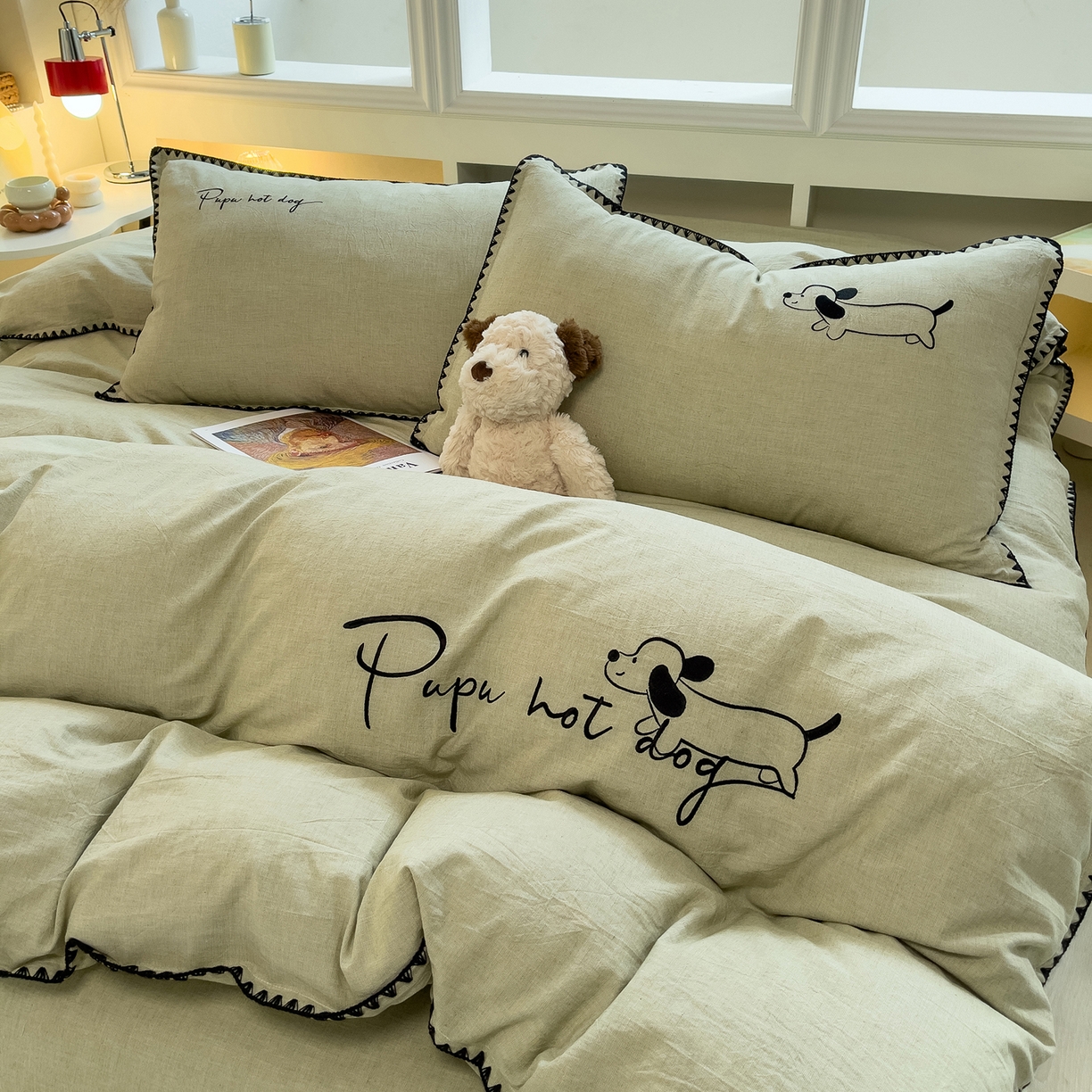 91家纺网 家纺一手货源 找家纺 （总）炫拼家纺 2026新款A类棉麻刺绣卡通贝壳边四件套-布鲁系列