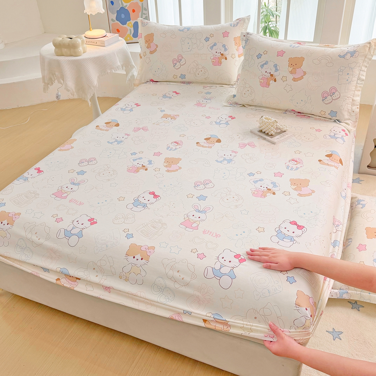 91家纺网 家纺一手货源 找家纺 安逸家纺 2026新款12868全棉纯棉床笠四件套床罩学生纯棉床笠款三件套 凯蒂宝贝