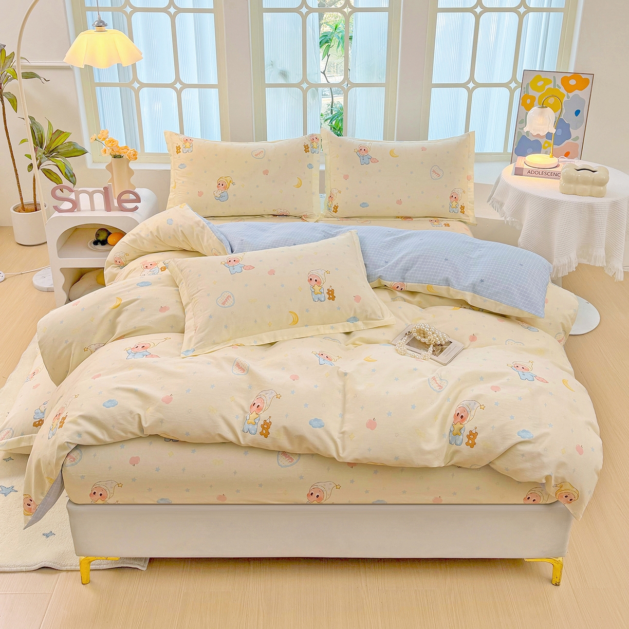 安逸家纺 2026新款12868全棉纯棉床笠四件套床罩学生纯棉床笠款三件套 蓝色星星人