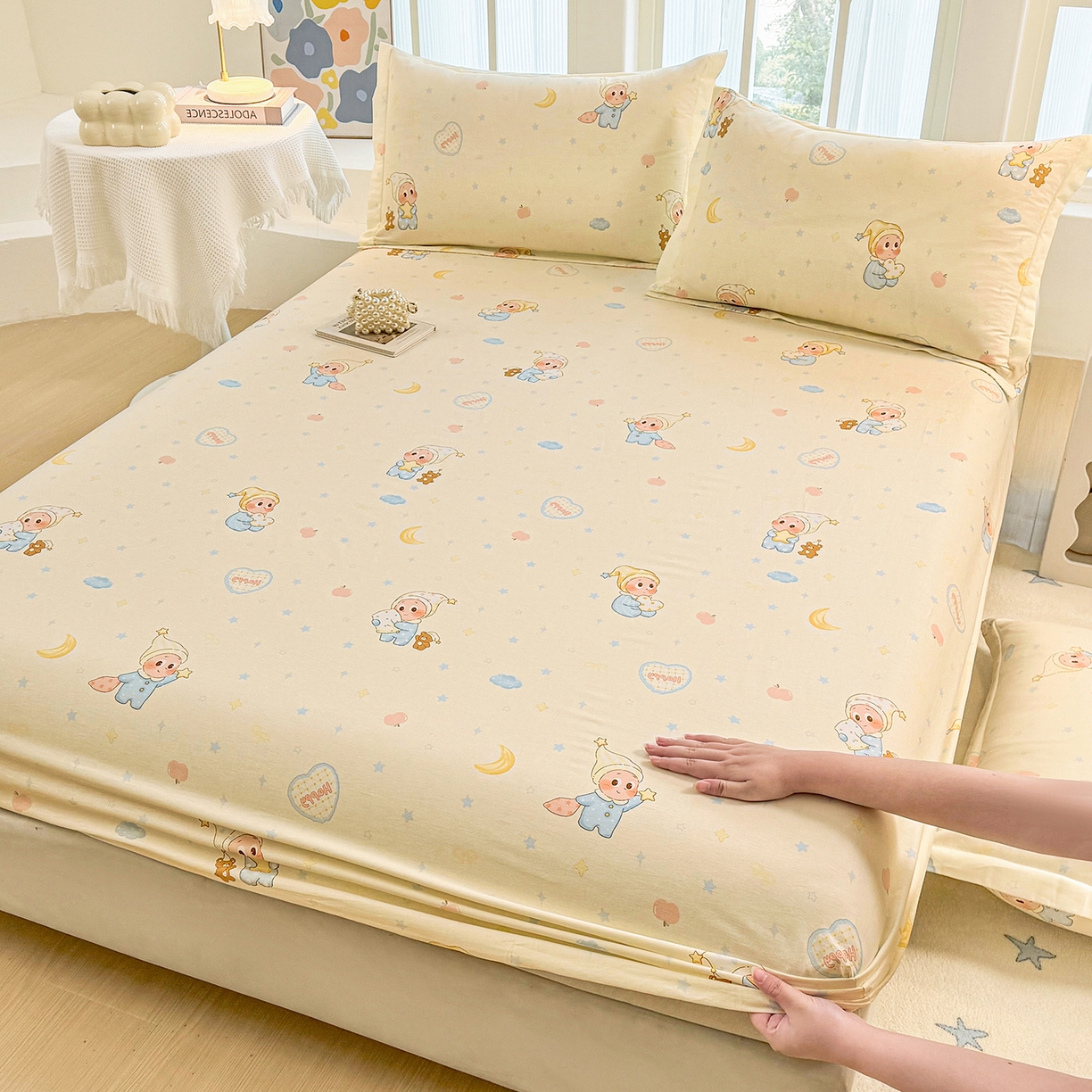 91家纺网 家纺一手货源 找家纺 安逸家纺 2026新款12868全棉纯棉床笠四件套床罩学生纯棉床笠款三件套 蓝色星星人