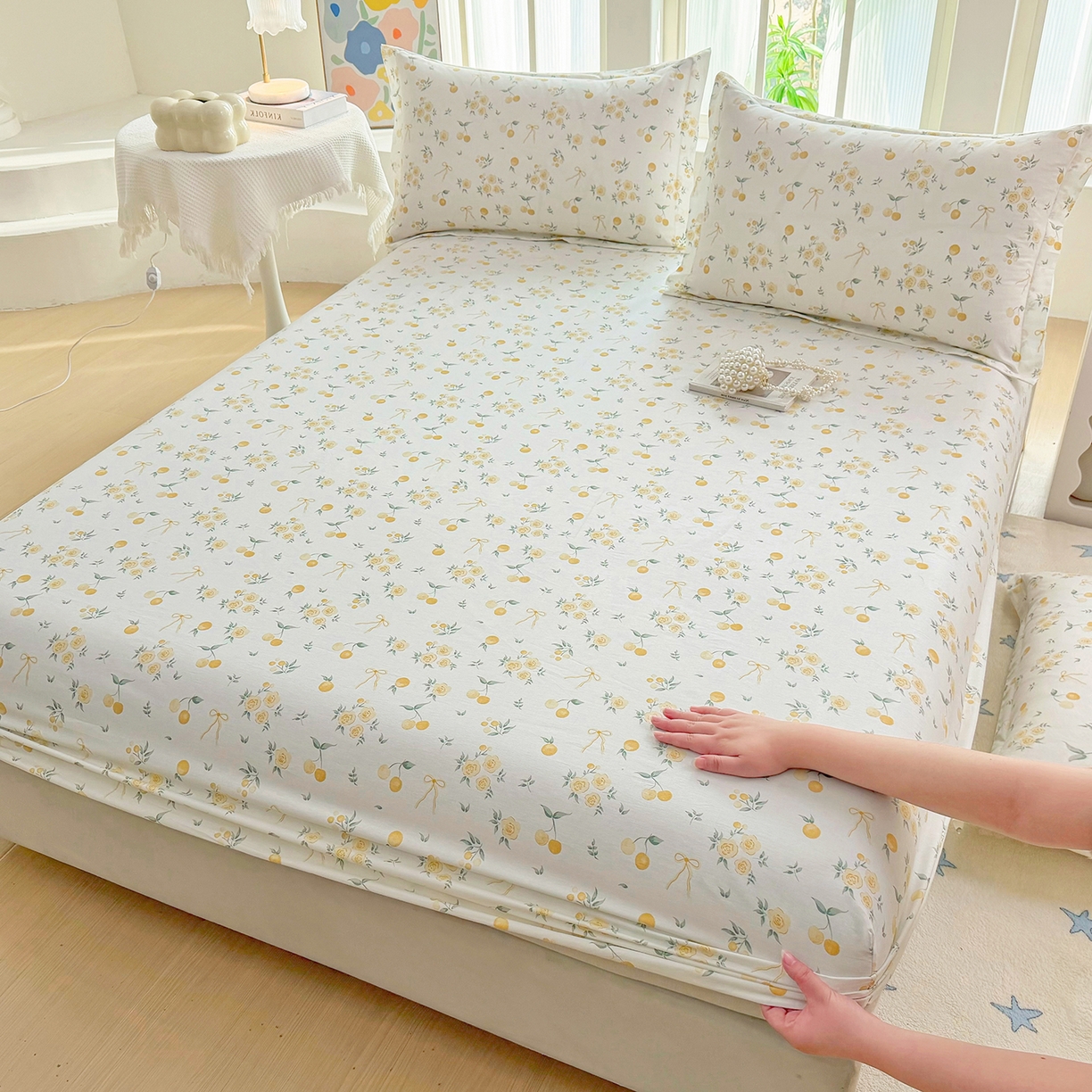 91家纺网 家纺一手货源 找家纺 安逸家纺 2026新款12868全棉纯棉床笠四件套床罩学生纯棉床笠款三件套 蕾拉果园