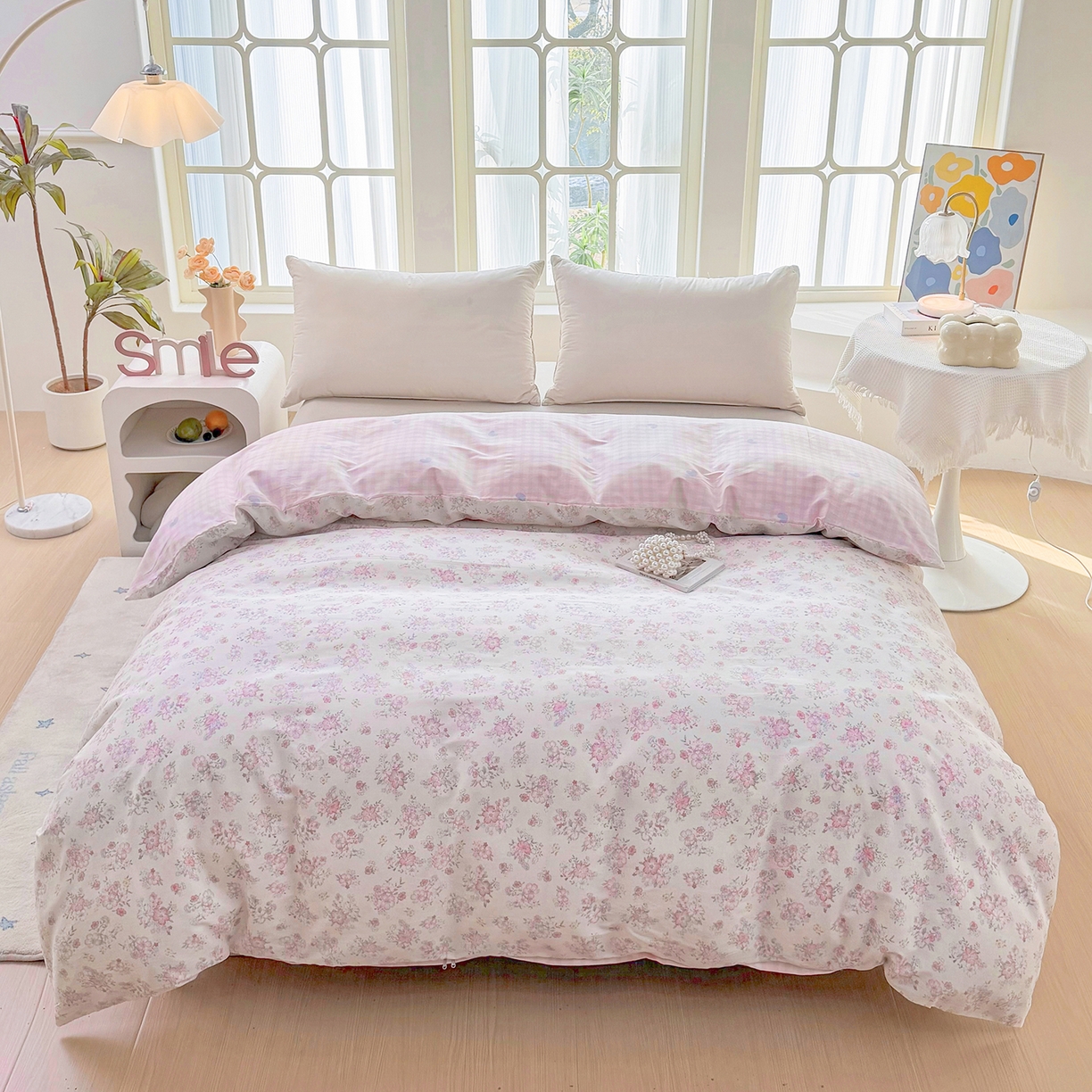 91家纺网 家纺一手货源 找家纺 安逸家纺 2026新款12868全棉纯棉床笠四件套床罩学生纯棉床笠款三件套 洛琳粉