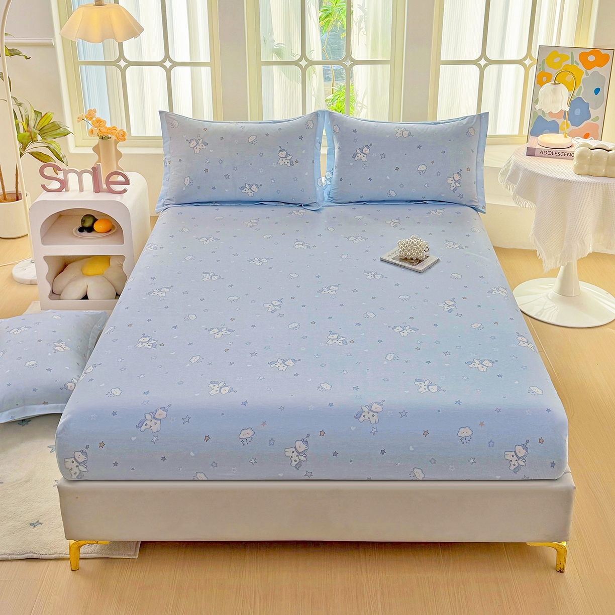 91家纺网 家纺一手货源 找家纺 安逸家纺 2026新款12868全棉纯棉床笠四件套床罩学生纯棉床笠款三件套 星星独角兽