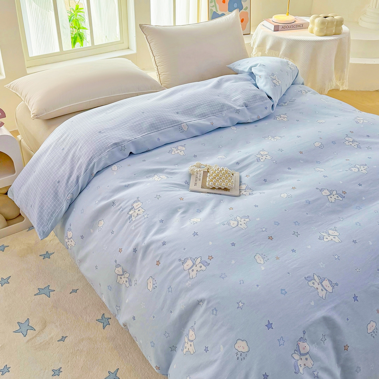 91家纺网 家纺一手货源 找家纺 安逸家纺 2026新款12868全棉纯棉床笠四件套床罩学生纯棉床笠款三件套 星星独角兽