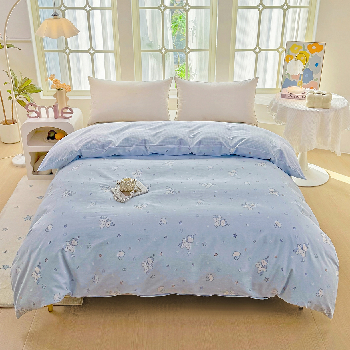 91家纺网 家纺一手货源 找家纺 安逸家纺 2026新款12868全棉纯棉床笠四件套床罩学生纯棉床笠款三件套 星星独角兽