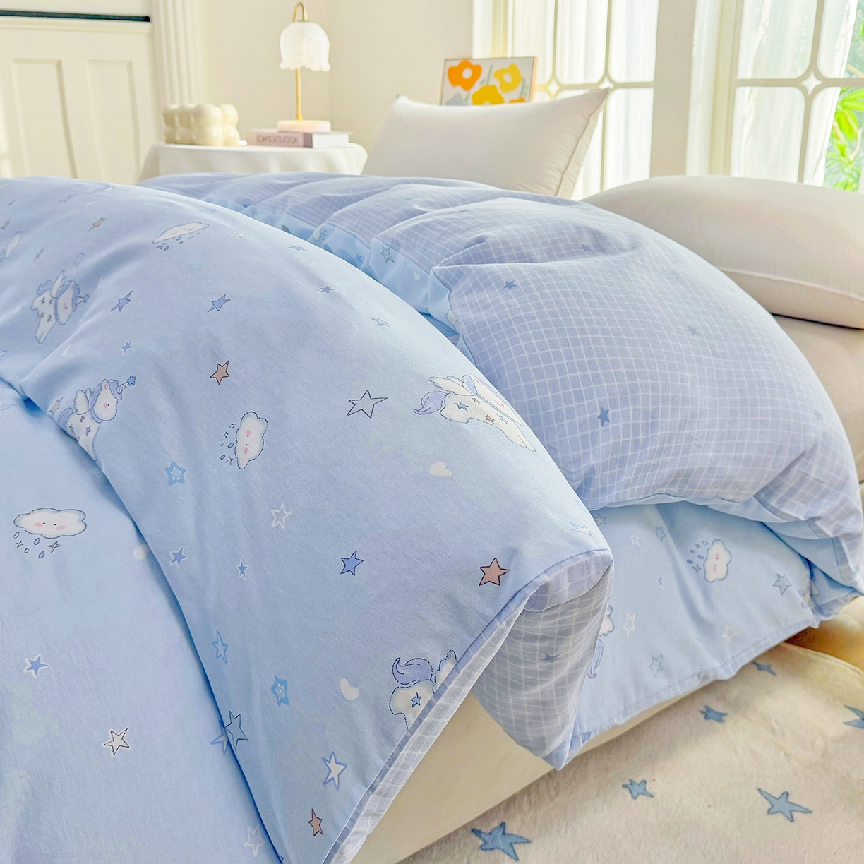 91家纺网 家纺一手货源 找家纺 安逸家纺 2026新款12868全棉纯棉床笠四件套床罩学生纯棉床笠款三件套 星星独角兽