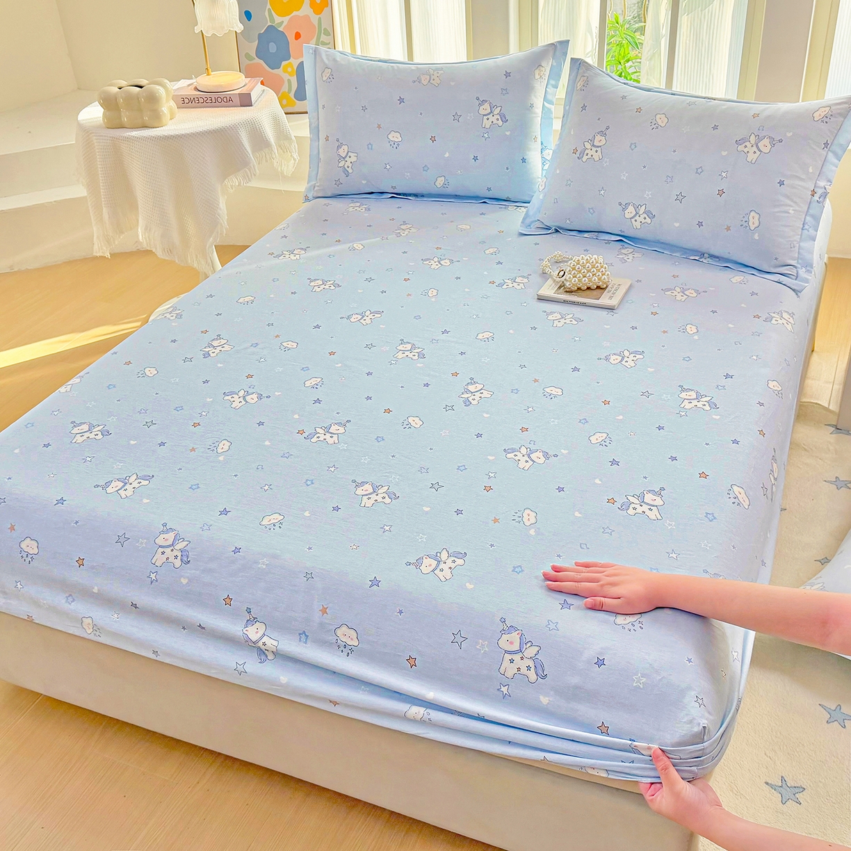91家纺网 家纺一手货源 找家纺 安逸家纺 2026新款12868全棉纯棉床笠四件套床罩学生纯棉床笠款三件套 星星独角兽