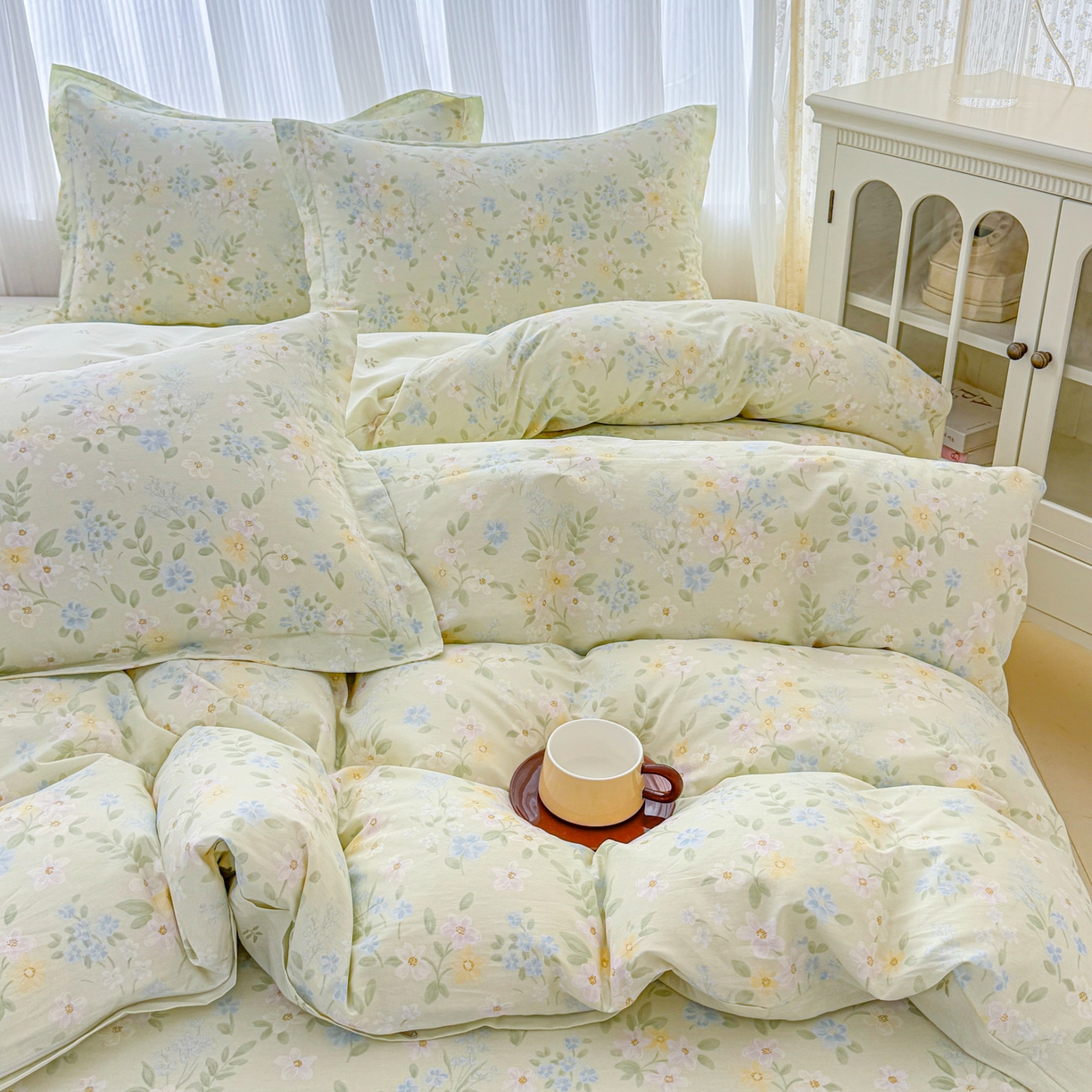 91家纺网 家纺一手货源 找家纺 安逸家纺 2026新款12868全棉纯棉床笠四件套床罩学生纯棉床笠款三件套 徐徐花开