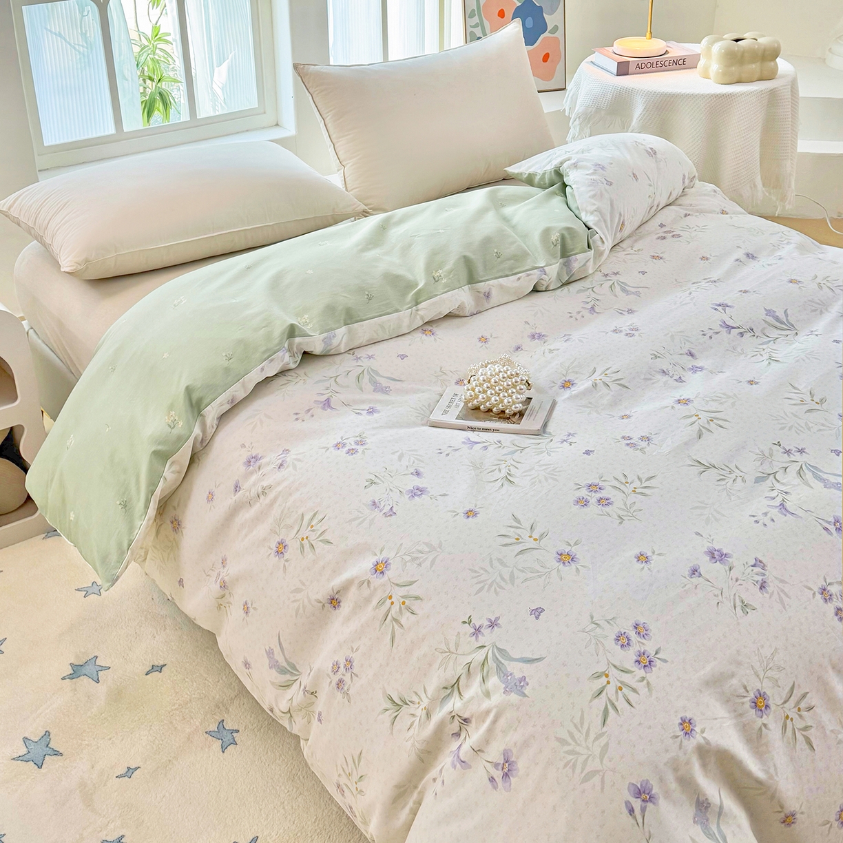 91家纺网 家纺一手货源 找家纺 安逸家纺 2026新款12868全棉纯棉床笠四件套床罩学生纯棉床笠款三件套 幽兰花梦