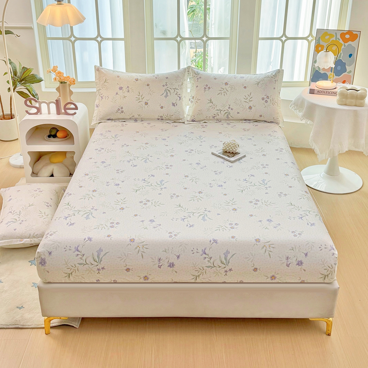 91家纺网 家纺一手货源 找家纺 安逸家纺 2026新款12868全棉纯棉床笠四件套床罩学生纯棉床笠款三件套 幽兰花梦