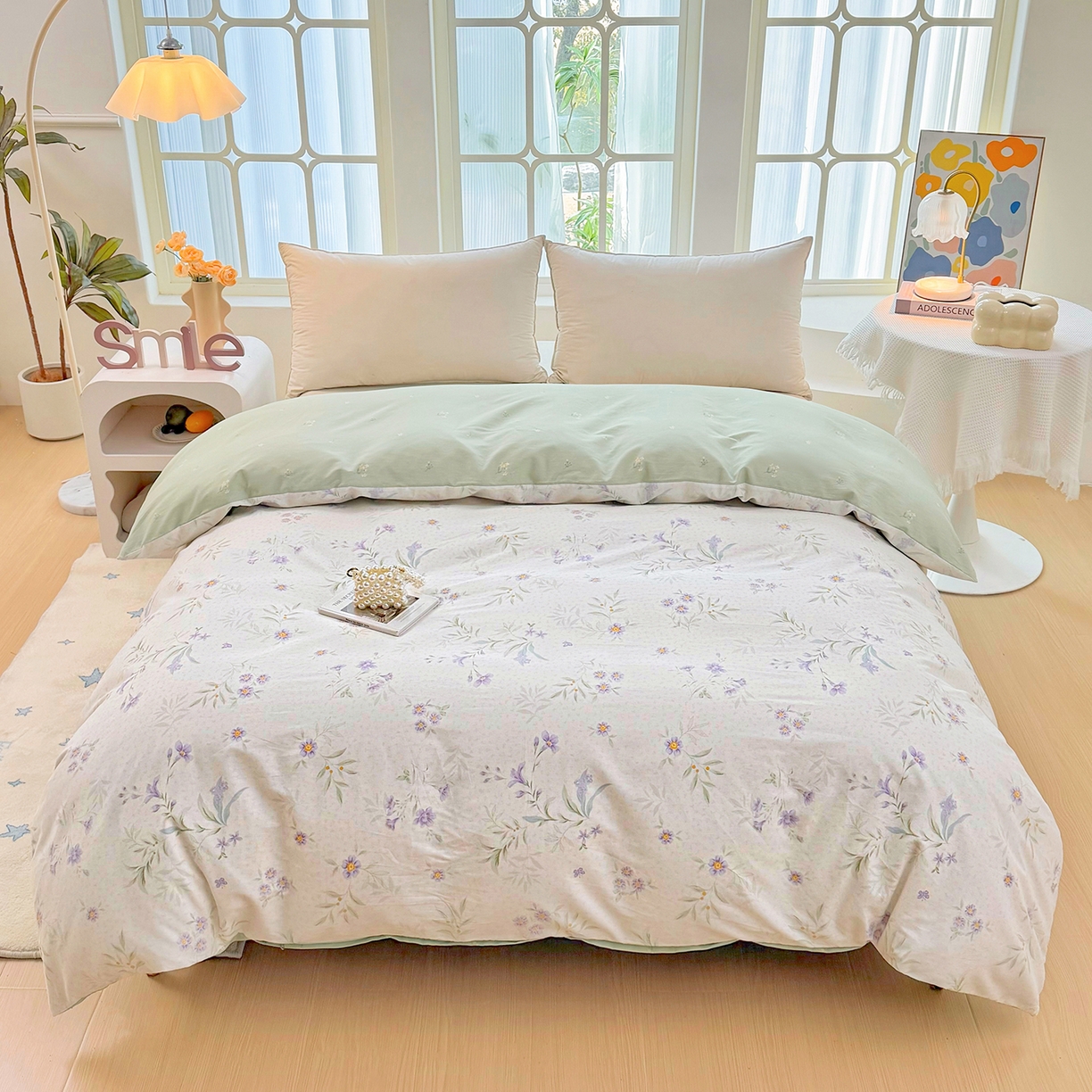 91家纺网 家纺一手货源 找家纺 安逸家纺 2026新款12868全棉纯棉床笠四件套床罩学生纯棉床笠款三件套 幽兰花梦