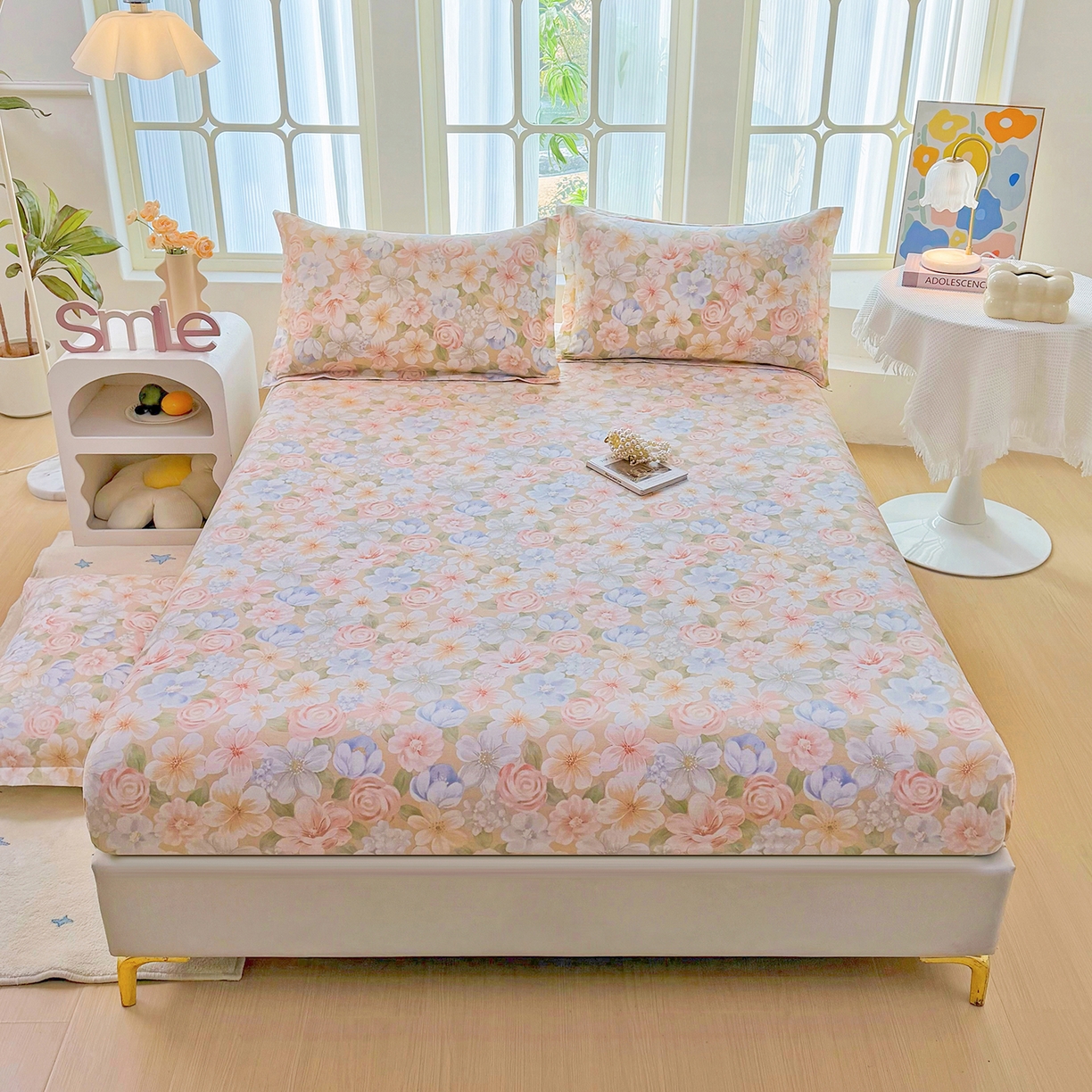 91家纺网 家纺一手货源 找家纺 安逸家纺 2026新款12868全棉纯棉床笠四件套床罩学生纯棉床笠款三件套 釉色浮光