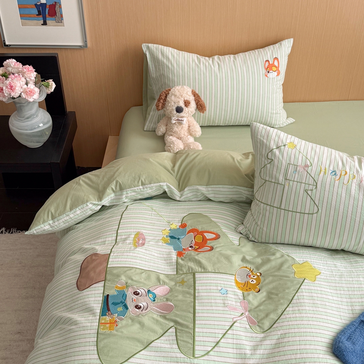 91家纺网 家纺一手货源 找家纺 柚子YOUTH 2026新款全棉纯棉水洗棉贴布绣四件套 树精灵