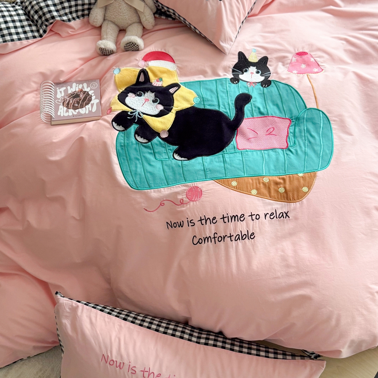 91家纺网 家纺一手货源 找家纺 柚子YOUTH 2026新款全棉纯棉水洗棉贴布绣四件套 躺平猫