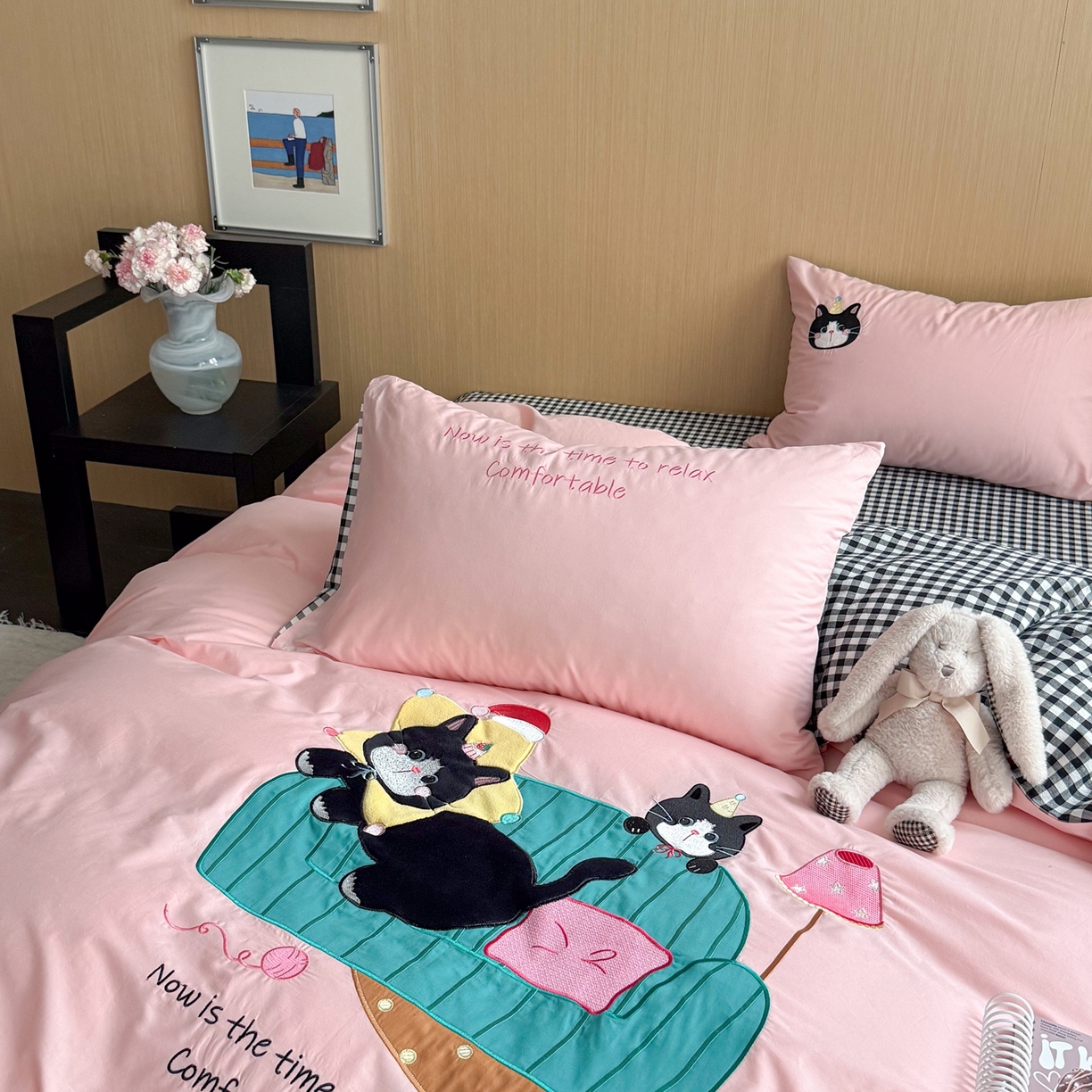 91家纺网 家纺一手货源 找家纺 柚子YOUTH 2026新款全棉纯棉水洗棉贴布绣四件套 躺平猫