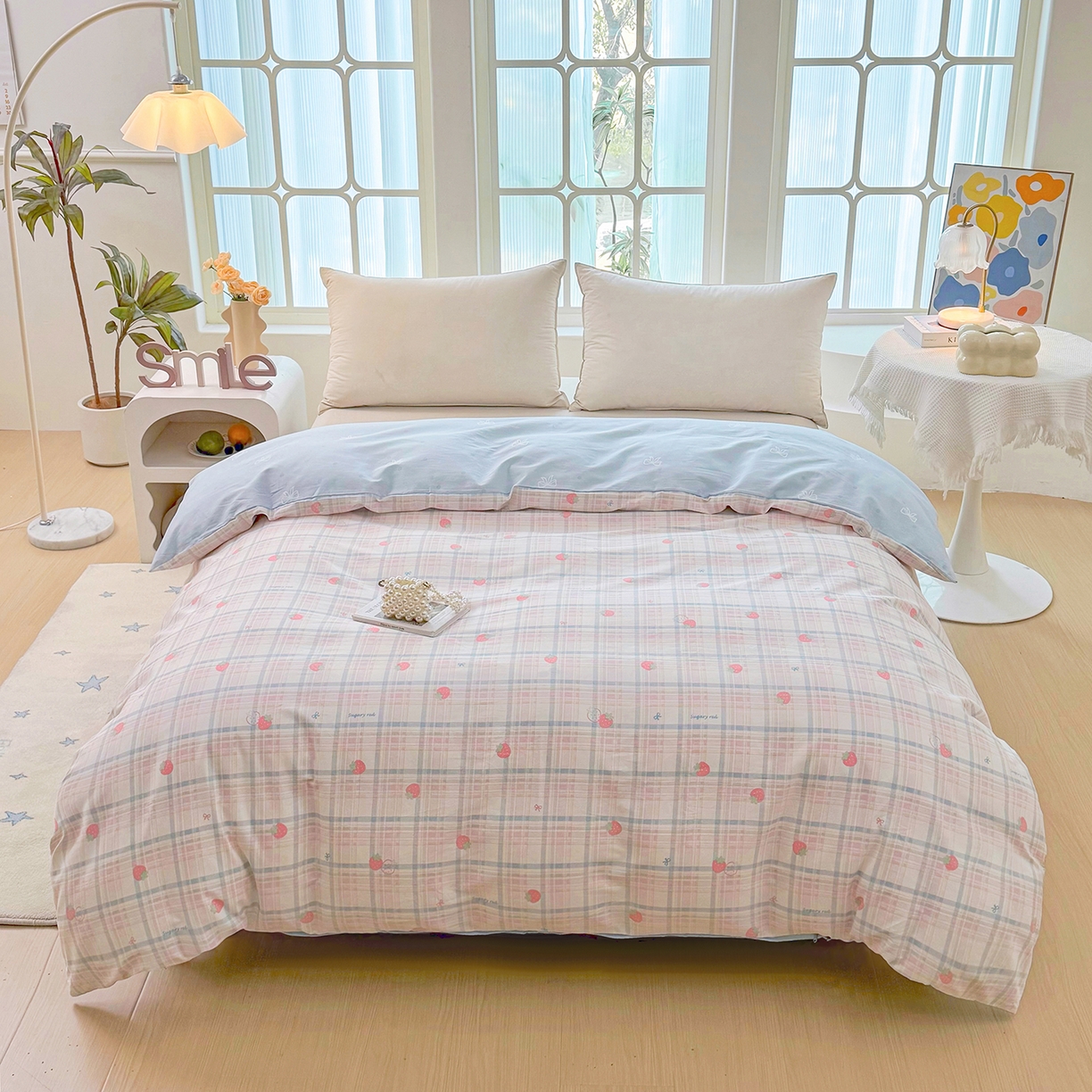 91家纺网 家纺一手货源 找家纺 安逸家纺 2026新款12868 全棉纯棉床单四件套学生宿舍纯棉床单款三件套 草莓派