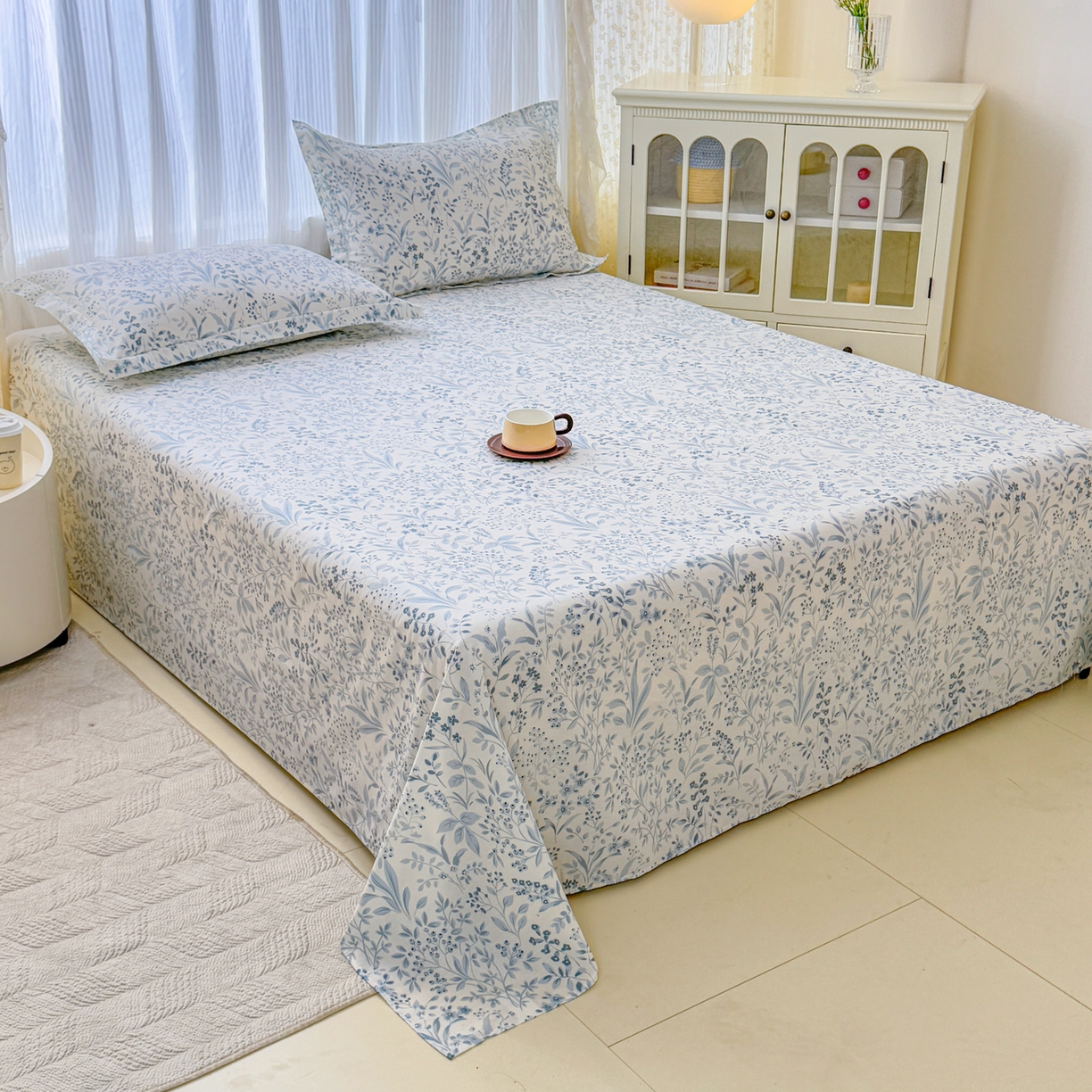 91家纺网 家纺一手货源 找家纺 安逸家纺 2026新款12868 全棉纯棉床单四件套学生宿舍纯棉床单款三件套 蓝沫