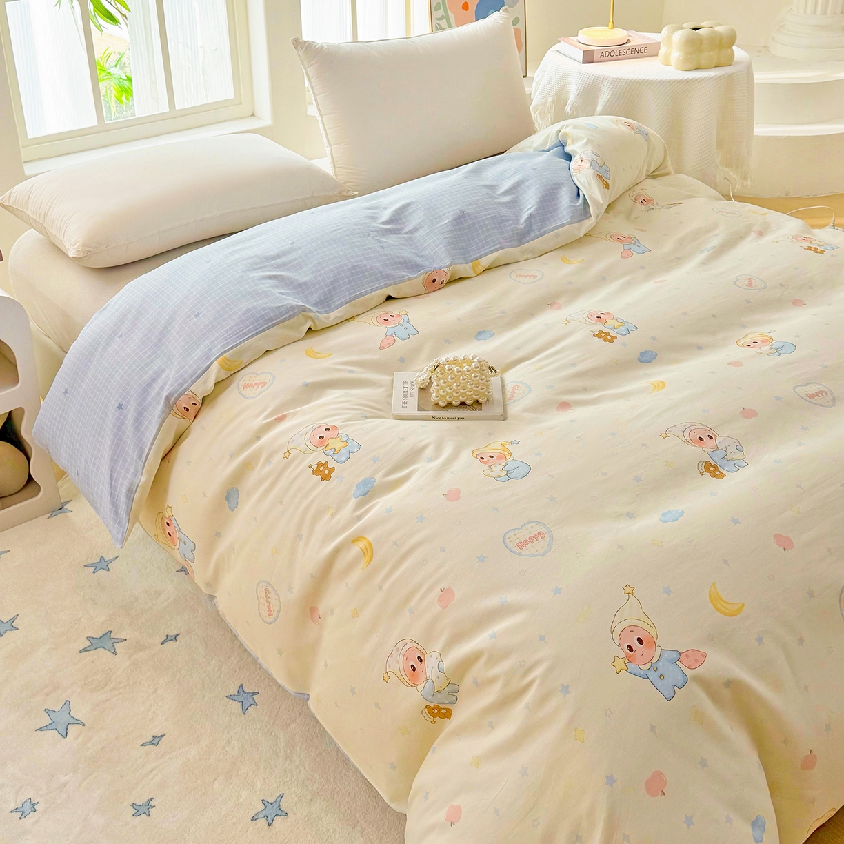 91家纺网 家纺一手货源 找家纺 安逸家纺 2026新款12868 全棉纯棉床单四件套学生宿舍纯棉床单款三件套 蓝色星星人