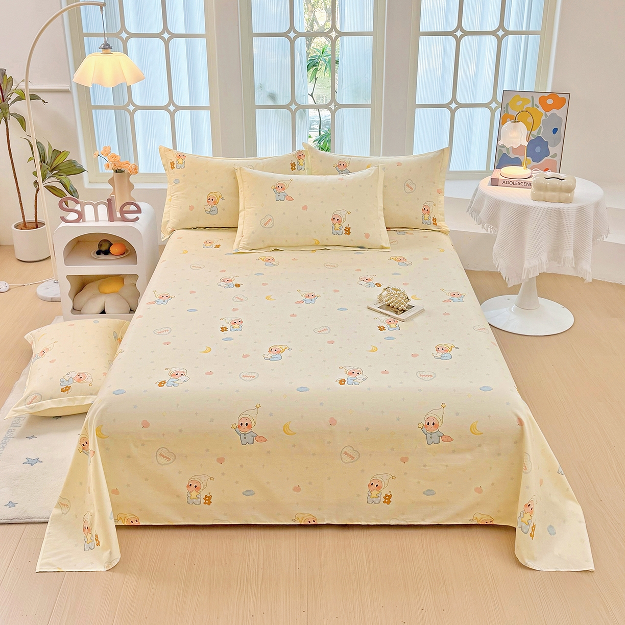 91家纺网 家纺一手货源 找家纺 安逸家纺 2026新款12868 全棉纯棉床单四件套学生宿舍纯棉床单款三件套 蓝色星星人