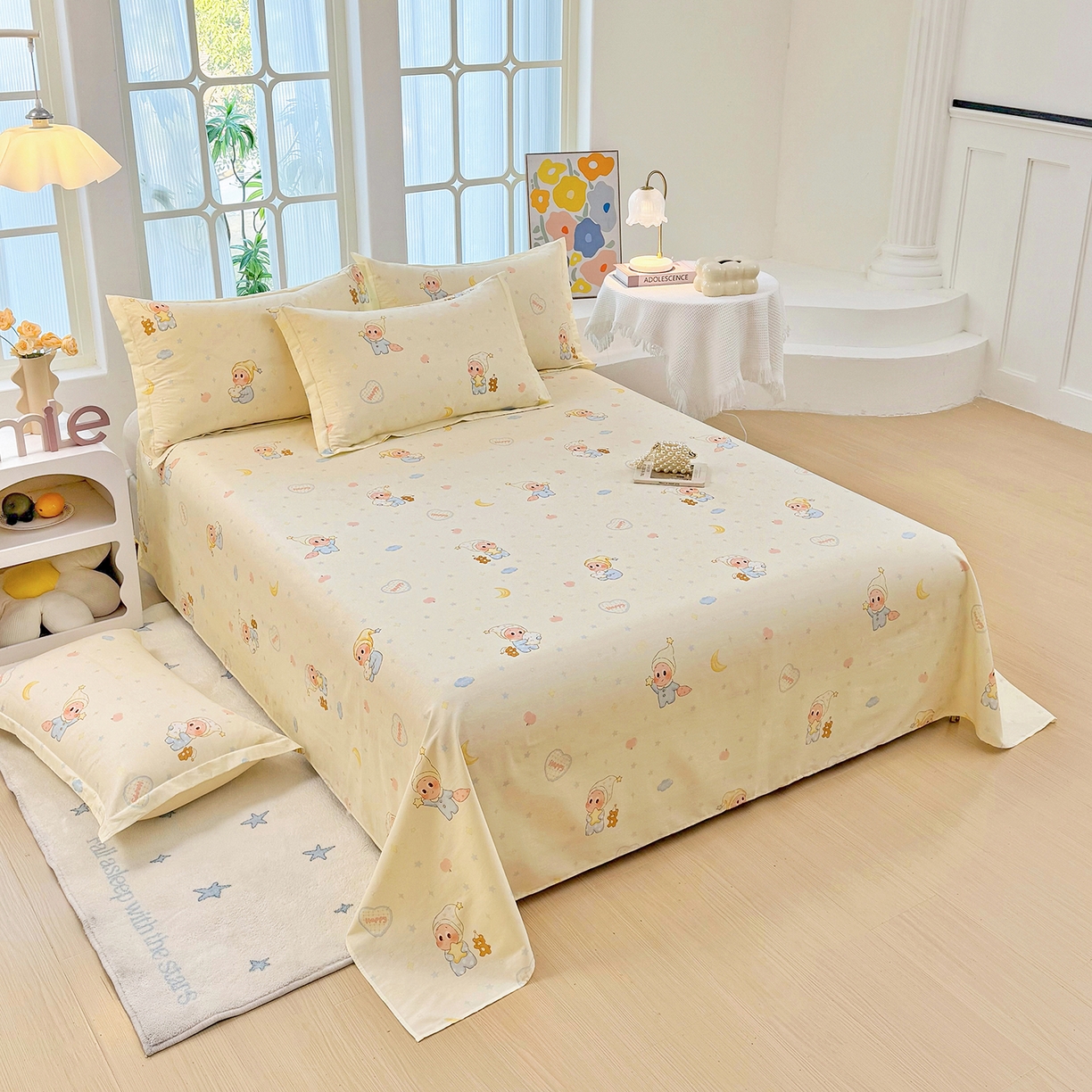 91家纺网 家纺一手货源 找家纺 安逸家纺 2026新款12868 全棉纯棉床单四件套学生宿舍纯棉床单款三件套 蓝色星星人