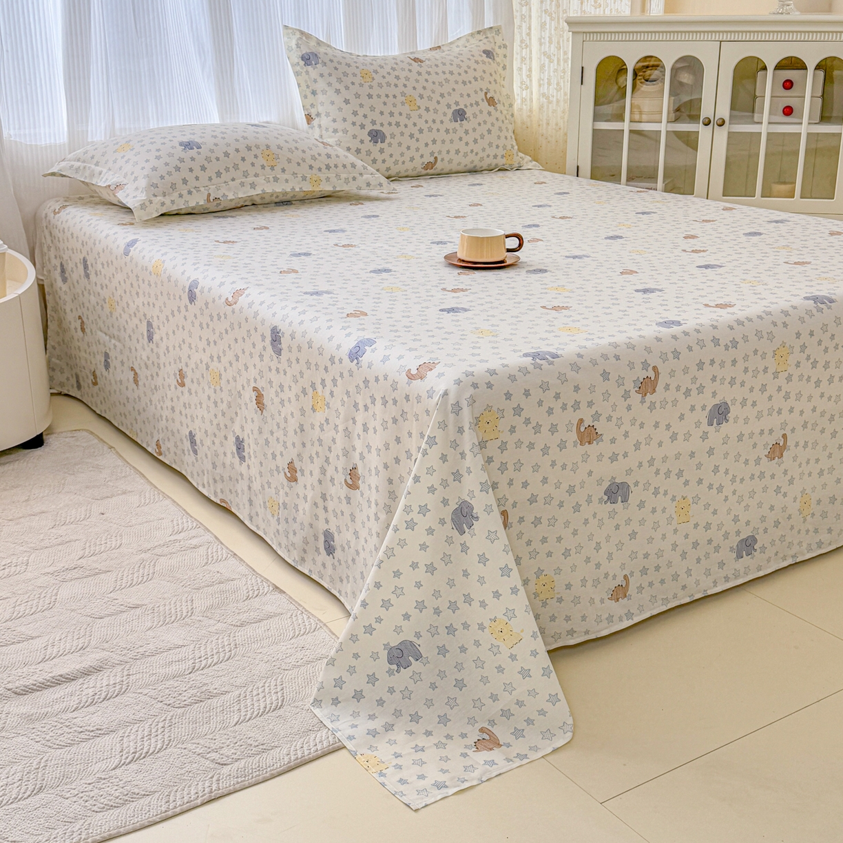 91家纺网 家纺一手货源 找家纺 安逸家纺 2026新款12868 全棉纯棉床单四件套学生宿舍纯棉床单款三件套 蓝星动物园