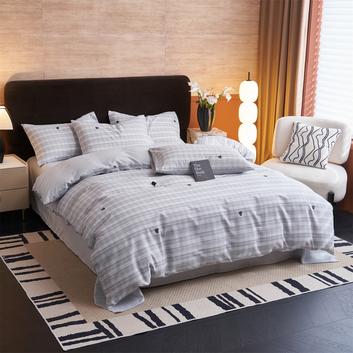 91家纺网 家纺一手货源 找家纺 恒爱家纺 2026新款全棉12868印花四件套 格子甜心灰