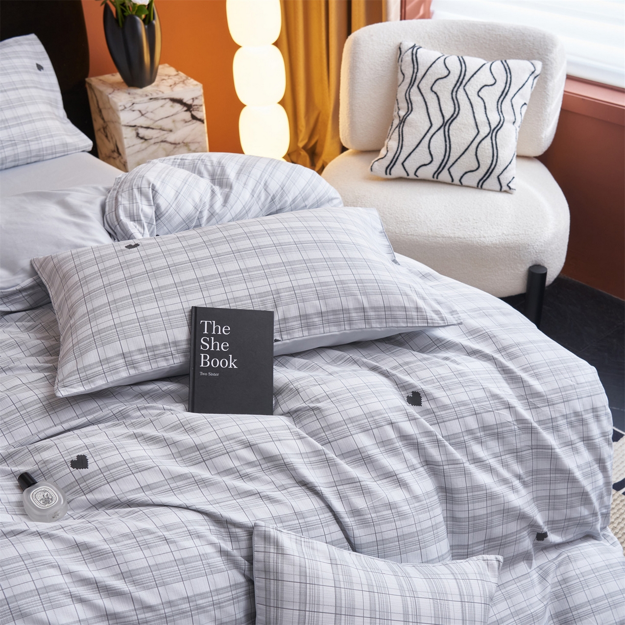 91家纺网 家纺一手货源 找家纺 恒爱家纺 2026新款全棉12868印花四件套 格子甜心灰