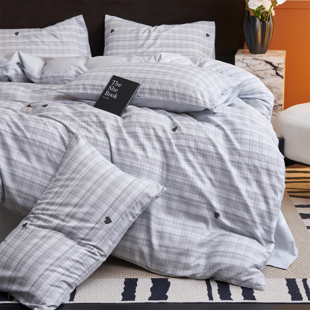 91家纺网 家纺一手货源 找家纺 恒爱家纺 2026新款全棉12868印花四件套 格子甜心灰