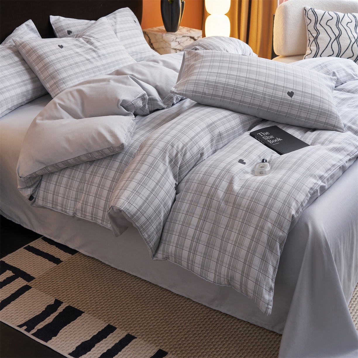 91家纺网 家纺一手货源 找家纺 恒爱家纺 2026新款全棉12868印花四件套 格子甜心灰