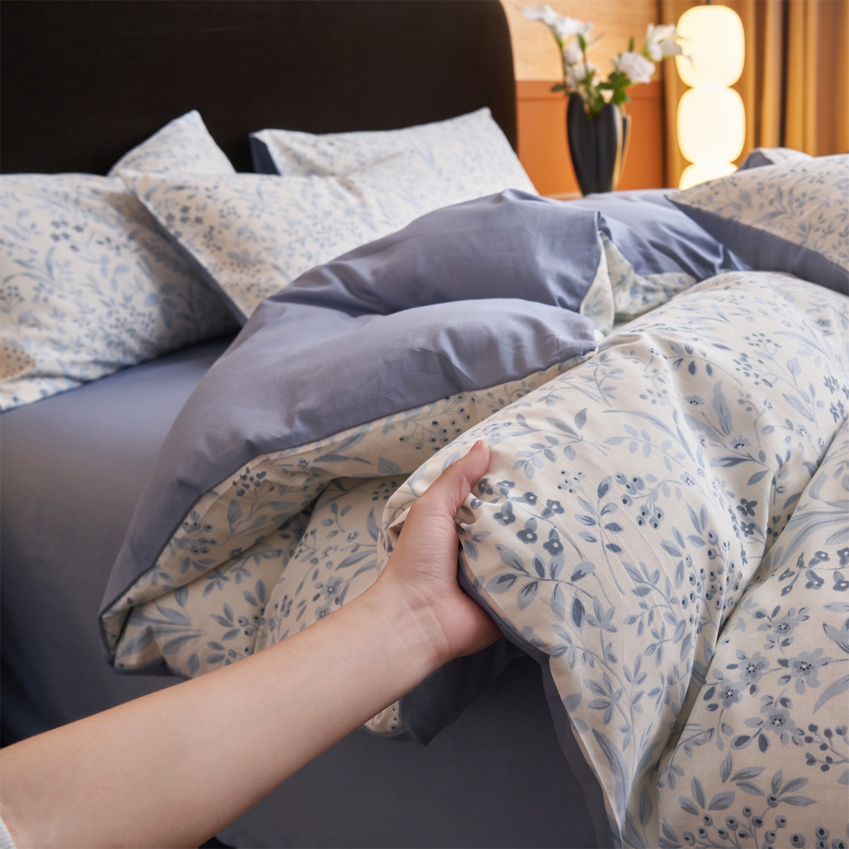 91家纺网 家纺一手货源 找家纺 恒爱家纺 2026新款全棉12868印花四件套 蓝沫