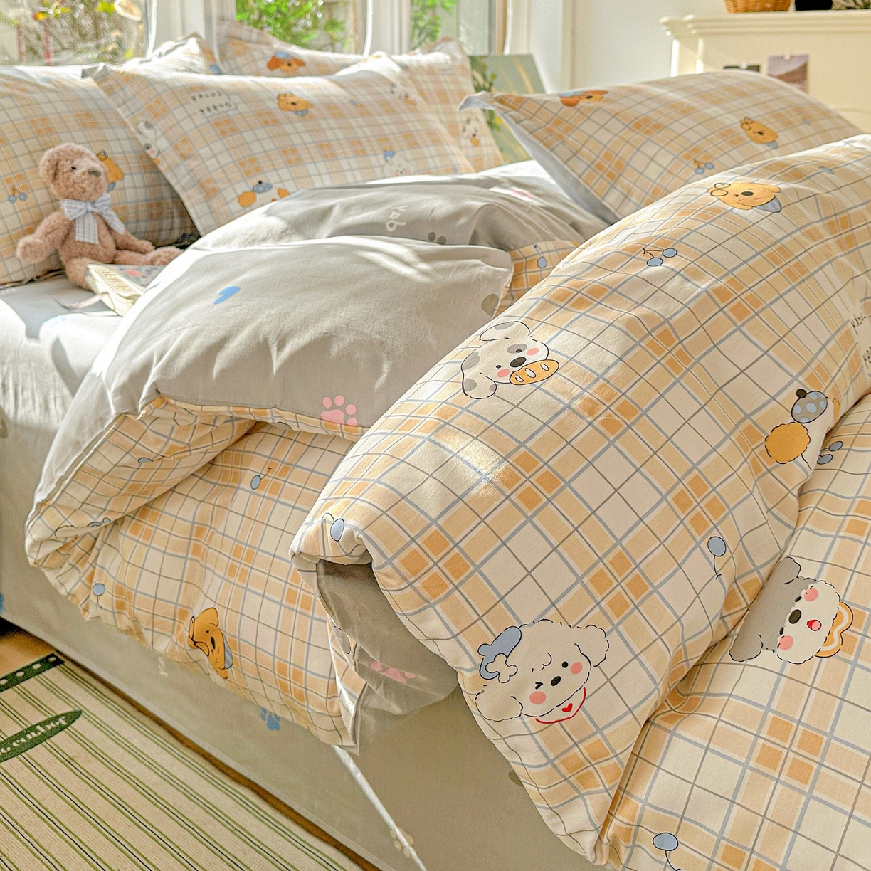 91家纺网 家纺一手货源 找家纺 恩泽家纺 2026春夏新款全棉纯棉12868印花四件套（提供买家秀，预留缩水率） 甜心汪·咖