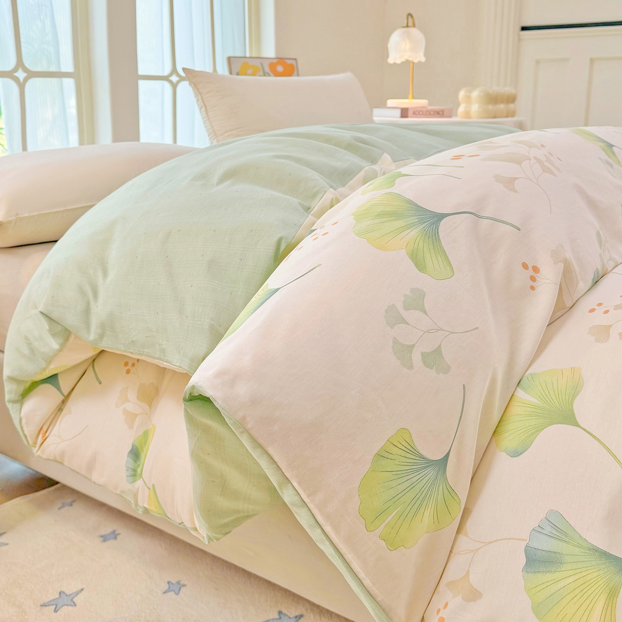 91家纺网 家纺一手货源 找家纺 安逸家纺 2026新款12868 全棉纯棉床单四件套学生宿舍纯棉床单款三件套 青绿银杏