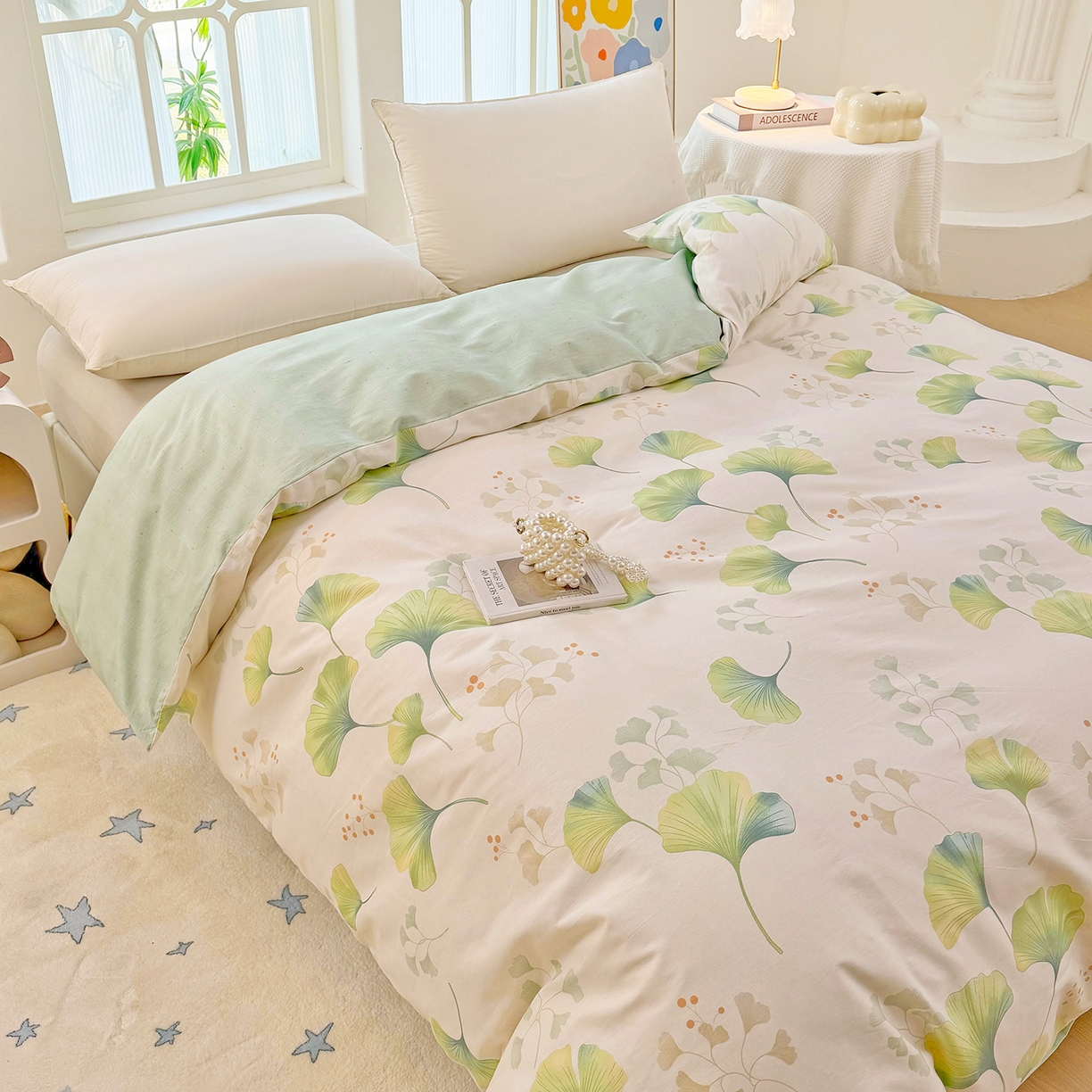 91家纺网 家纺一手货源 找家纺 安逸家纺 2026新款12868 全棉纯棉床单四件套学生宿舍纯棉床单款三件套 青绿银杏