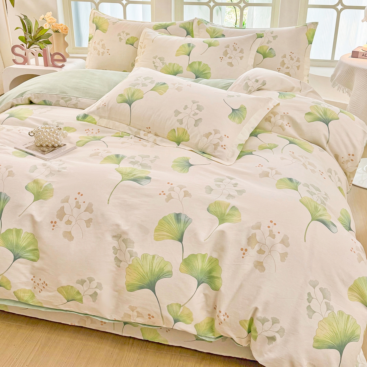 91家纺网 家纺一手货源 找家纺 安逸家纺 2026新款12868 全棉纯棉床单四件套学生宿舍纯棉床单款三件套 青绿银杏