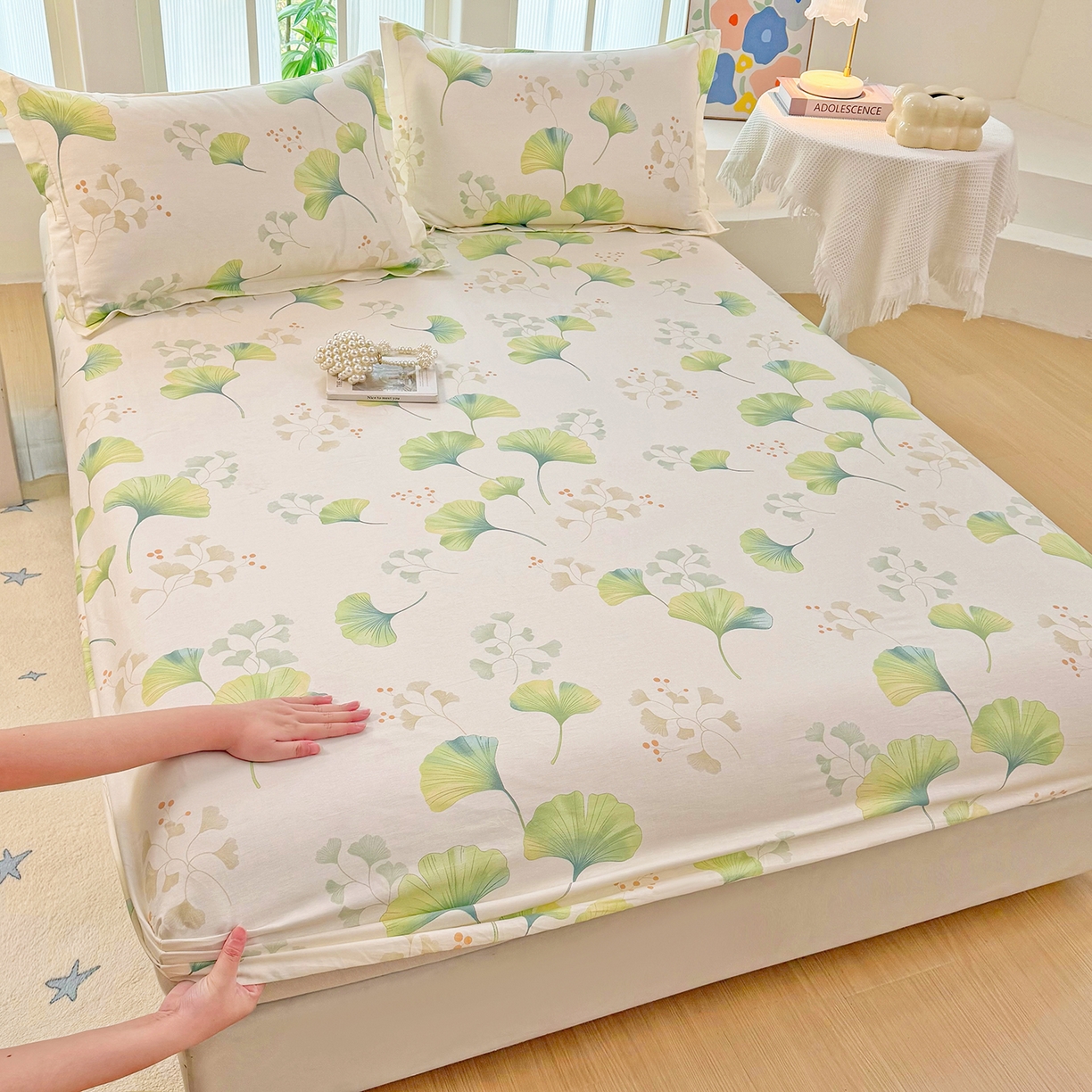 91家纺网 家纺一手货源 找家纺 安逸家纺 2026新款12868 全棉纯棉床单四件套学生宿舍纯棉床单款三件套 青绿银杏