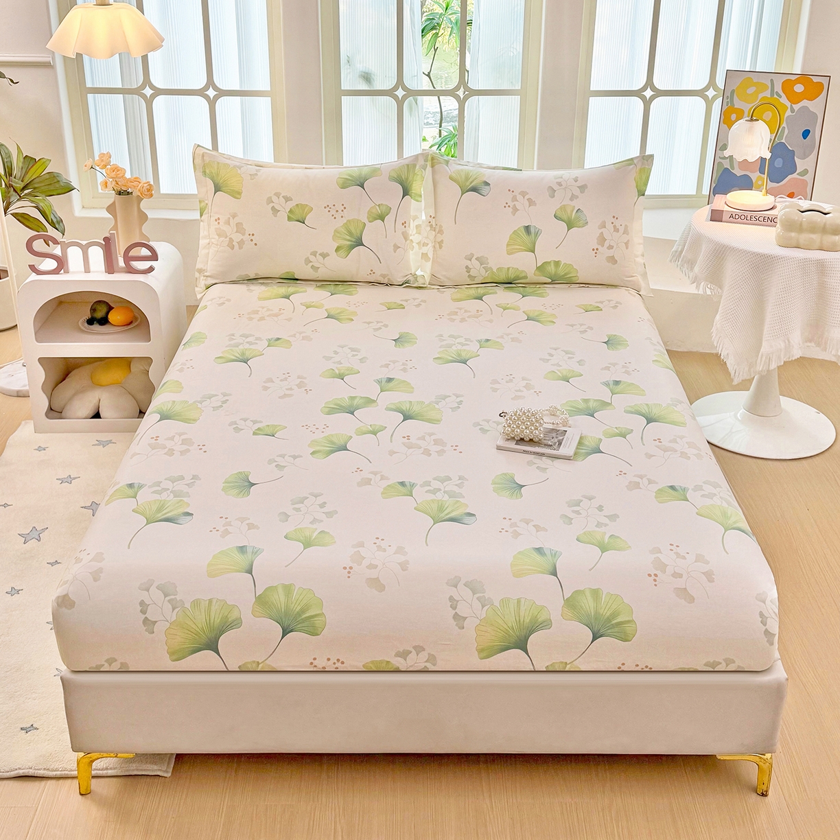 91家纺网 家纺一手货源 找家纺 安逸家纺 2026新款12868 全棉纯棉床单四件套学生宿舍纯棉床单款三件套 青绿银杏