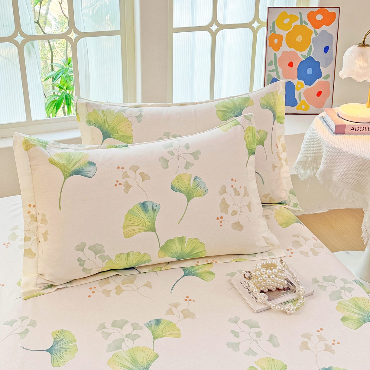 91家纺网 家纺一手货源 找家纺 安逸家纺 2026新款12868 全棉纯棉床单四件套学生宿舍纯棉床单款三件套 青绿银杏